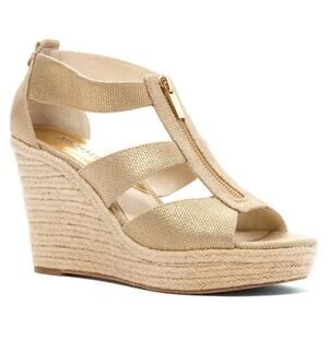 Michael Kors BERKLEY WEDGE Sandals, Metallic Canvas Pale Gold, Sz 9 Espadrille